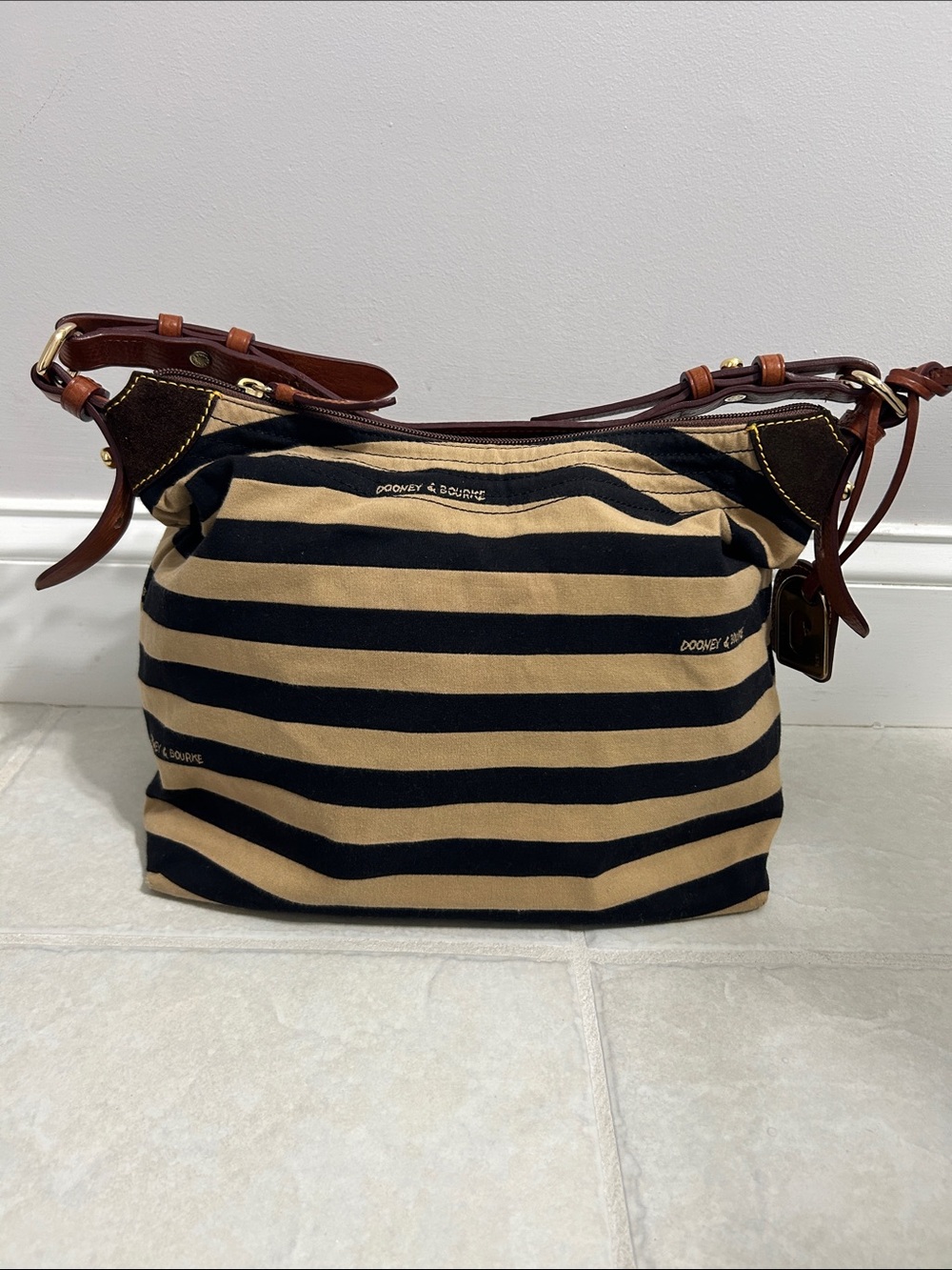 Dooney & Bourke Black and Beige Striped Canvas Shoulder Bag with Leather Trim